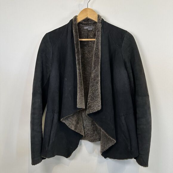 Vince Jacket Womens Small Black Spanish Merino Shearling Lamb Draped Cascade